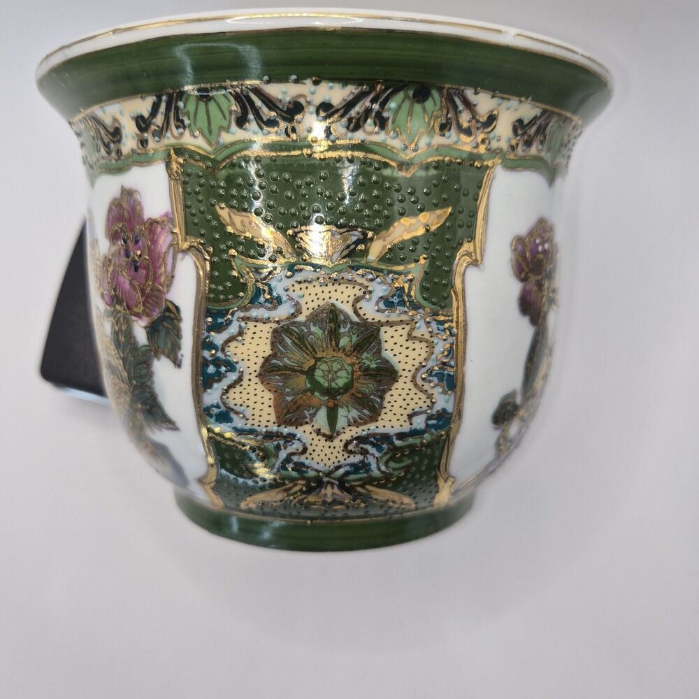Signed Vintage Chinese Porcelain Gold Gilded Moriage Pot Planter Peacocks Floral